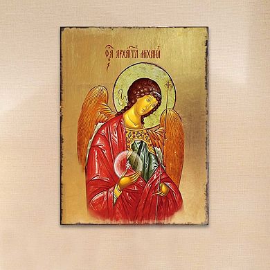 G.Debrekht Archangel Michael Wooden Gold Plated Religious Orthodox Sacred Icon Inspirational Icon Décor