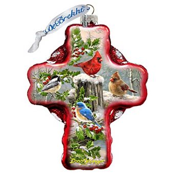 G.Debrekht Winter Cardinals Cross Glass Ornament by D. Gelsinger DecorNativity Holiday Decor - 758-010-DG