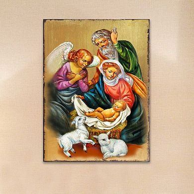 G.Debrekht Nativity Wooden Gold Plated Religious Christian Sacred Icon Inspirational Icon Décor