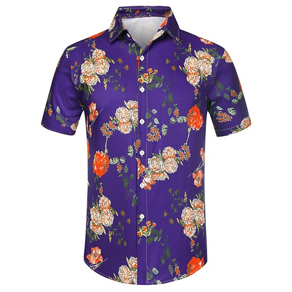 Men Summer Flower Printed Short Sleeves Button Down Shirts