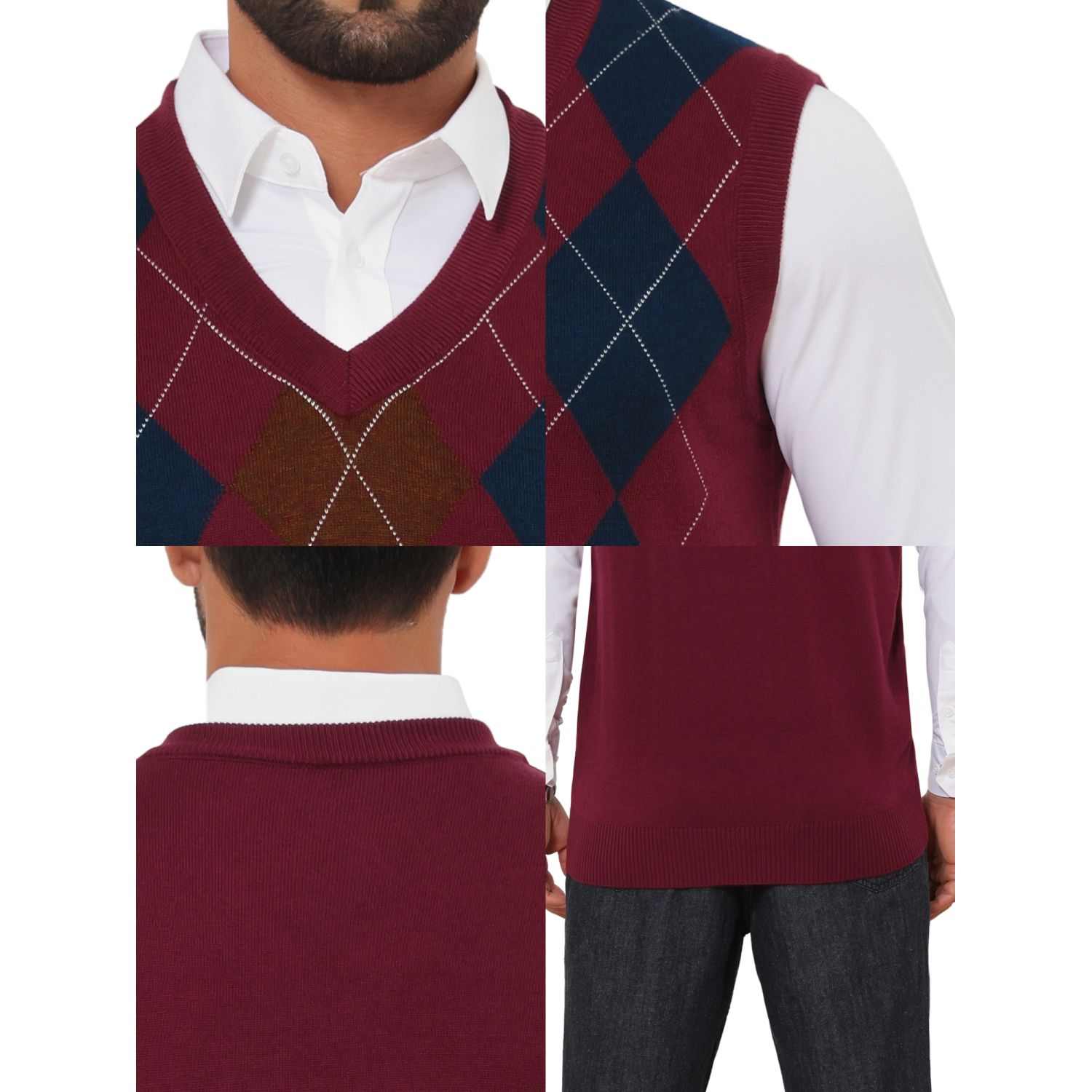 Men's Casual Argyle Vest Sweater Slim Fit Sleeveless Knit Pullover