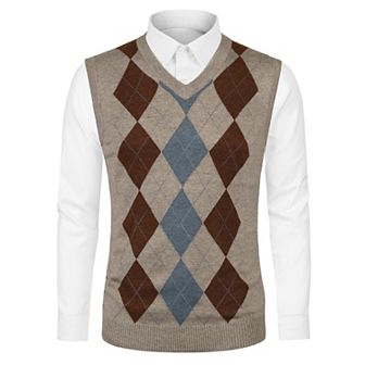 Men's Casual Argyle Vest Sweater Slim Fit Sleeveless Knit Pullover