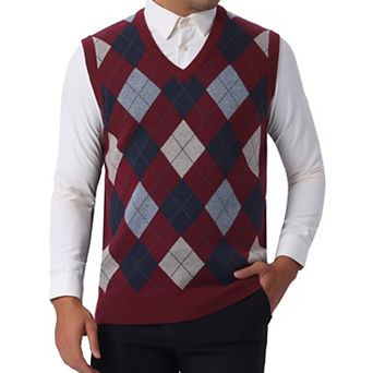 Men's Casual Argyle Vest Sweater Slim Fit Sleeveless Knit Pullover