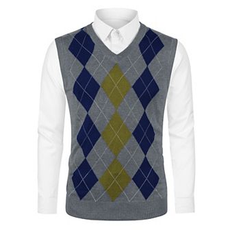 Men's Casual Argyle Vest Sweater Slim Fit Sleeveless Knit Pullover