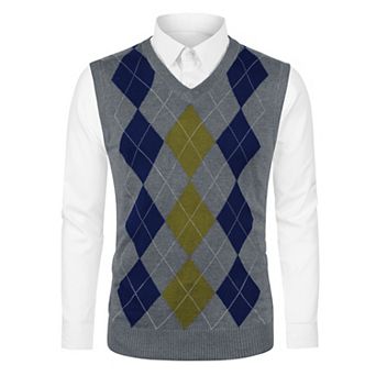 Men's Casual Argyle Vest Sweater Slim Fit Sleeveless Knit Pullover