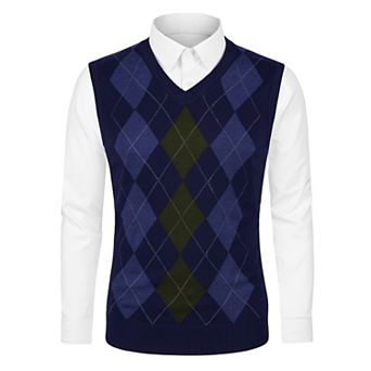 Men's Casual Argyle Vest Sweater Slim Fit Sleeveless Knit Pullover