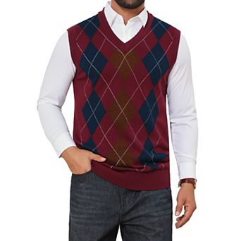 Men's Casual Argyle Vest Sweater Slim Fit Sleeveless Knit Pullover