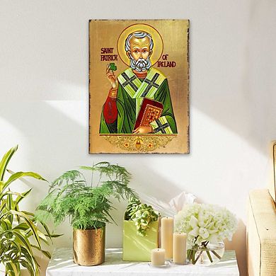 G.Debrekht Saint Patrick Wooden Gold Plated Religious Christian Sacred Icon Celtic Décor