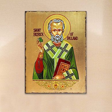 G.Debrekht Saint Patrick Wooden Gold Plated Religious Christian Sacred Icon Celtic Décor