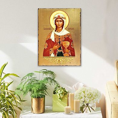 G.Debrekht Saint Barbara Wooden Gold Plated Religious Orthodox Sacred Icon Inspirational Icon Décor