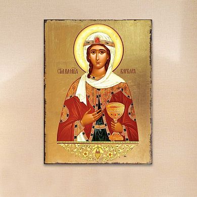 G.Debrekht Saint Barbara Wooden Gold Plated Religious Orthodox Sacred Icon Inspirational Icon Décor