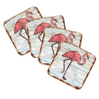 Flamingo Coastal Wooden Cork Coasters Gift Set of 4 by Nature Wonders