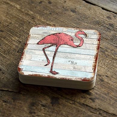 Flamingo Coastal Wooden Cork Coasters Gift Set of 4 by Nature Wonders