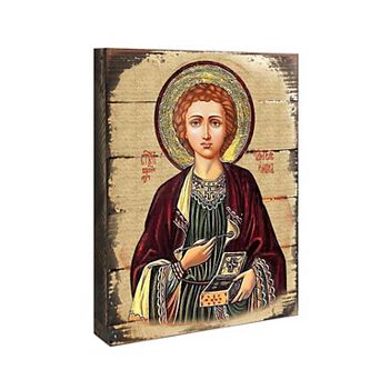 G.Debrekht Saint Panteleimon Wooden Gold Plated Religious Orthodox Sacred Icon Inspirational Icon Décor