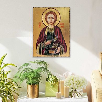 G.Debrekht Saint Panteleimon Wooden Gold Plated Religious Orthodox Sacred Icon Inspirational Icon Décor