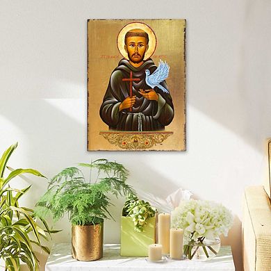 G.Debrekht Saint Francis Wooden Gold Plated Religious Christian Sacred Icon Inspirational Icon Décor