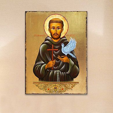 G.Debrekht Saint Francis Wooden Gold Plated Religious Christian Sacred Icon Inspirational Icon Décor
