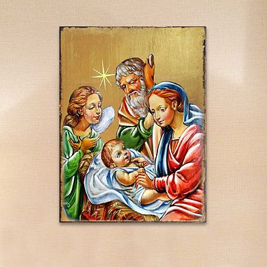 G.Debrekht Nativity with Angel Wooden Gold Plated Religious Christian Sacred Icon Inspirational Icon Décor