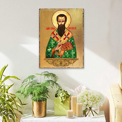G.Debrekht Saint Basil Wooden Gold Plated Religious Christian Sacred Icon Inspirational Icon Décor