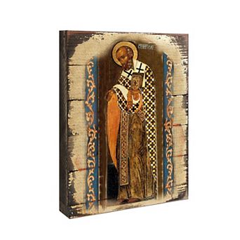 G.Debrekht Saint Nicholas Wooden Gold Plated Religious Orthodox Sacred Icon Inspirational Icon Décor