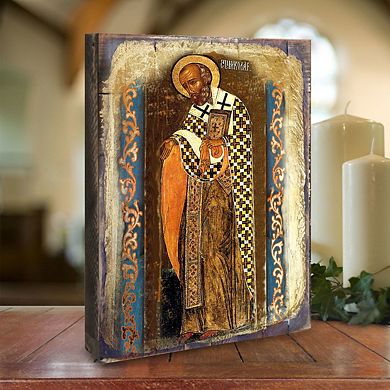 G.Debrekht Saint Nicholas Wooden Gold Plated Religious Orthodox Sacred Icon Inspirational Icon Décor