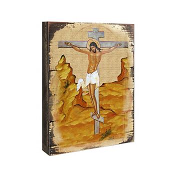 G.Debrekht Crucifixion Wooden Gold Plated Religious Christian Sacred Icon Inspirational Icon Décor