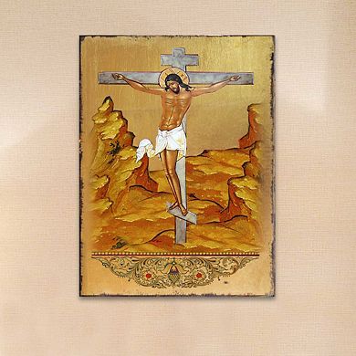 G.Debrekht Crucifixion Wooden Gold Plated Religious Christian Sacred Icon Inspirational Icon Décor