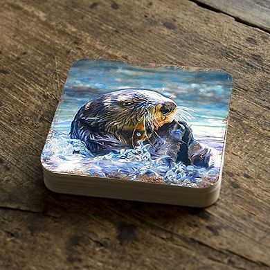 Otter Coastal Wooden Cork Coasters Gift Set of 4 by Nature Wonders