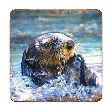 Otter Coastal Wooden Cork Coasters Gift Set of 4 by Nature Wonders