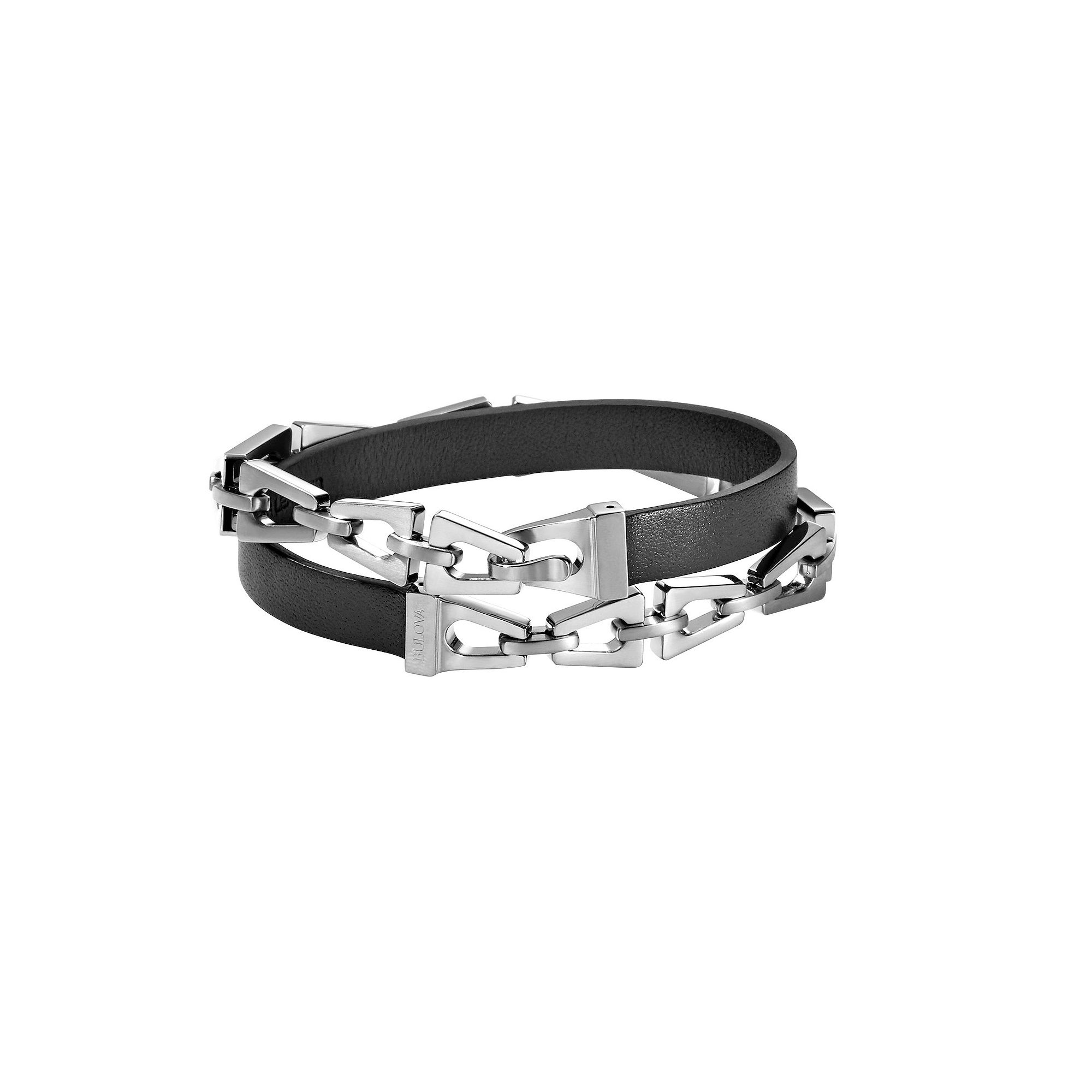 Bulova Mens Classic Black Leather & Stainless Steel Double Wrap Bracelet,