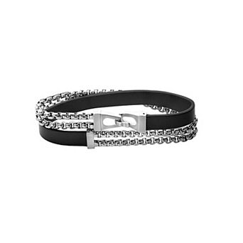 Bulova Men's Stainless Steel & Leather Classic Wrap Box Link Chain Bracelet