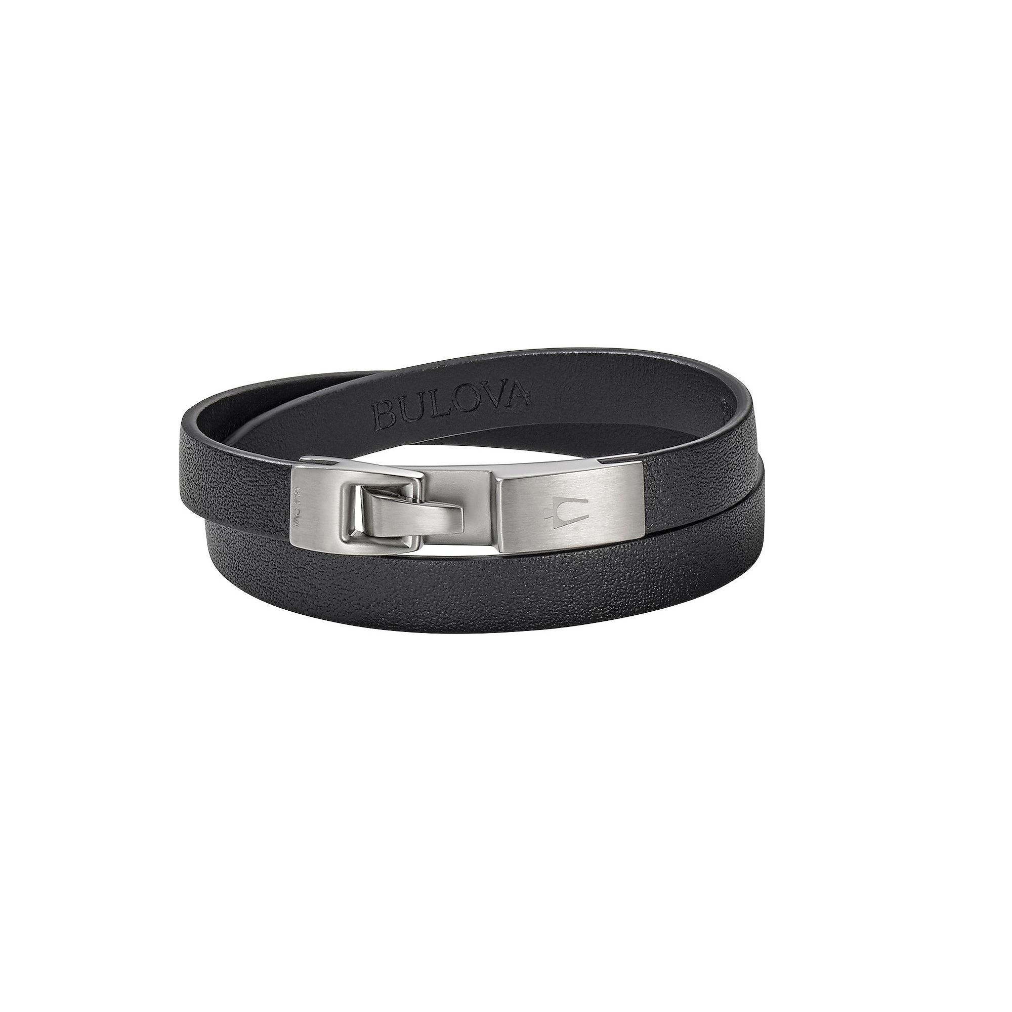 Bulova Mens Stainless Steel & Black Leather Double Wrap Bracelet, Size: 8