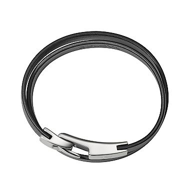 Bulova Men's Stainless Steel & Black Leather Double Wrap Bracelet