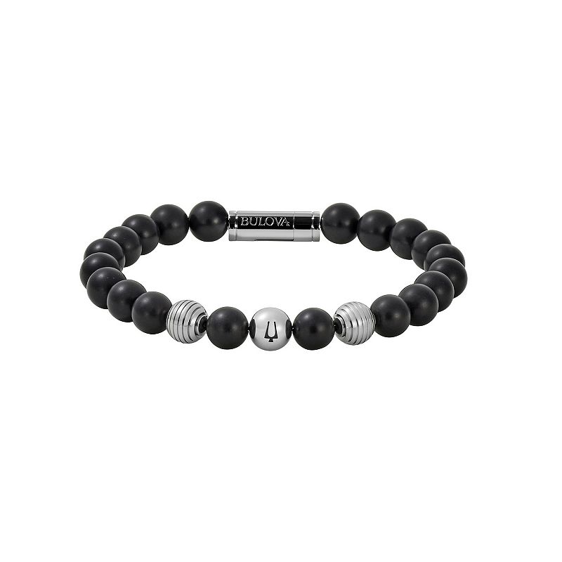 Bulova Men's Black Onyx Bead Bracelet in Stainless Steel Women's Shoes