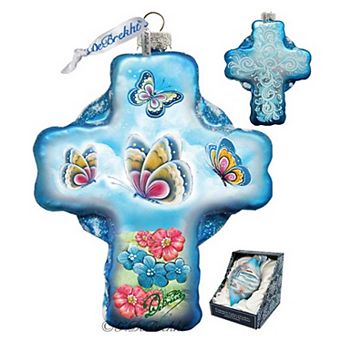 G.Debrekht Blue Butterflies Cross Glass Ornament by G. DeBrekht DecorNativity Holiday Decor - 758-001B