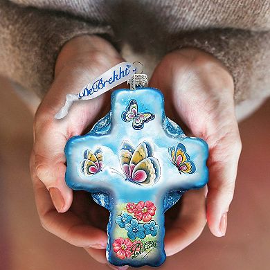 G.Debrekht Blue Butterflies Cross Glass Ornament by G. DeBrekht DecorNativity Holiday Decor - 758-001B