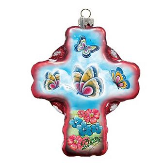 G.Debrekht Butterflies Cross Red Glass Ornament by G. DeBrekht DecorNativity Holiday Decor - 758-001R