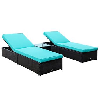 Wicker Patio Chaise Recline Lounge Set, Cushions, Table, Pool, Beach, Teal