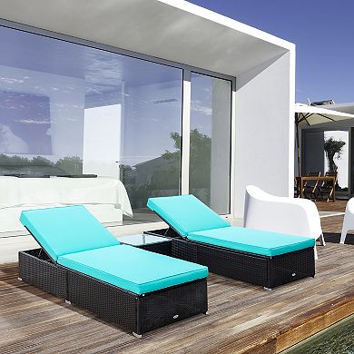 Wicker Patio Chaise Recline Lounge Set, Cushions, Table, Pool, Beach, Teal