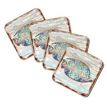 Tropical Fish Coastal Wooden Cork Coasters Gift Set of 4 by Nature Wonders