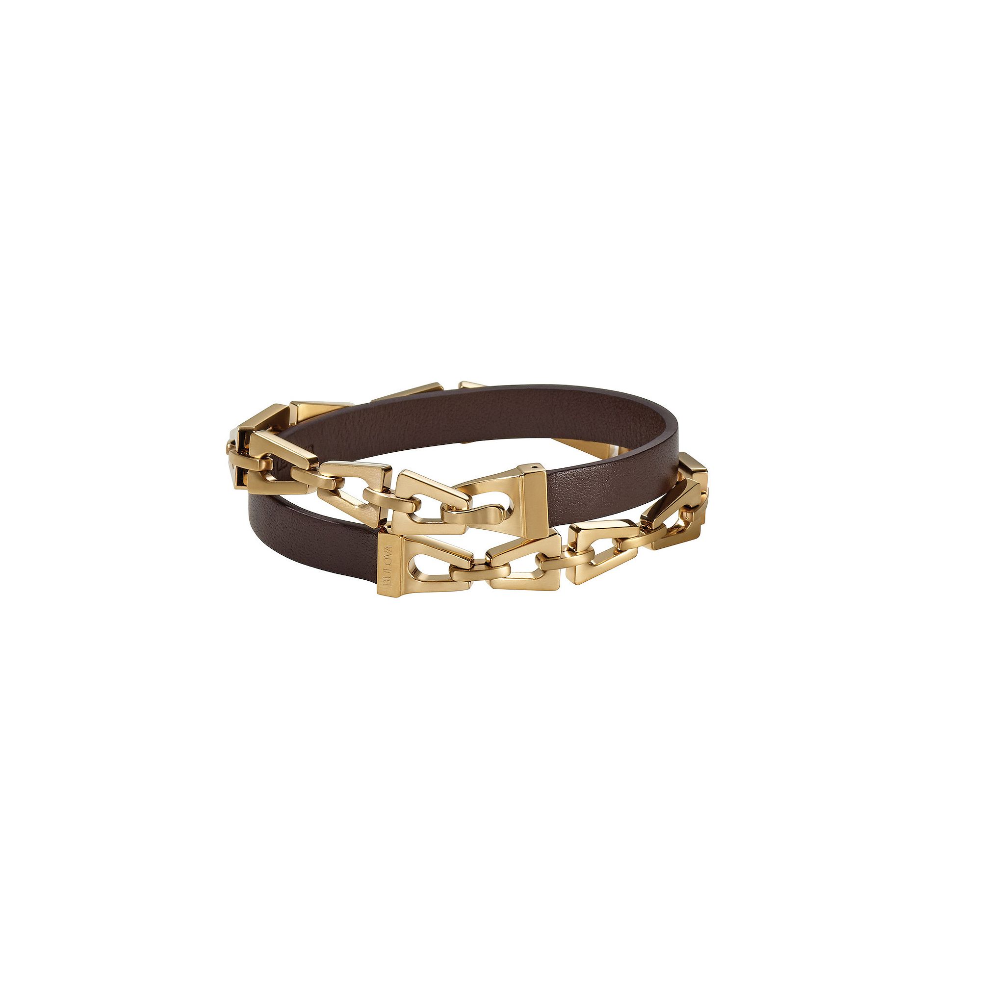 Bulova Mens Gold Tone Stainless Steel & Brown Leather Double Wrap Bracele