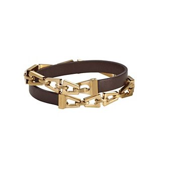 Bulova Men's Gold Tone Stainless Steel & Brown Leather Double Wrap Bracelet