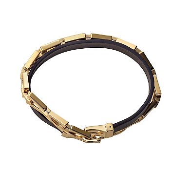 Bulova Men's Gold Tone Stainless Steel & Brown Leather Double Wrap Bracelet