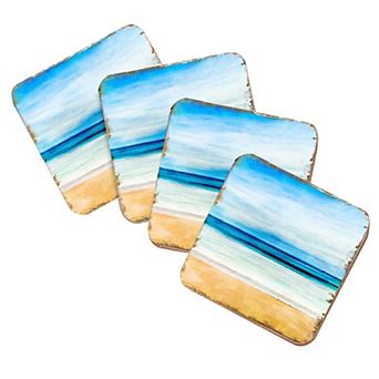 Beach Coastal Wooden Cork Coasters Gift Set of 4 by Nature Wonders