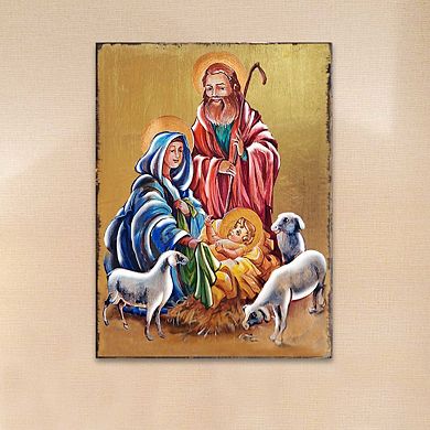 G.Debrekht Holy Family Wooden Gold Plated Religious Christian Sacred Icon Inspirational Icon Décor