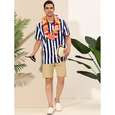 Men's Short Sleeved Color Block Button Down Beach Stripe Shirt