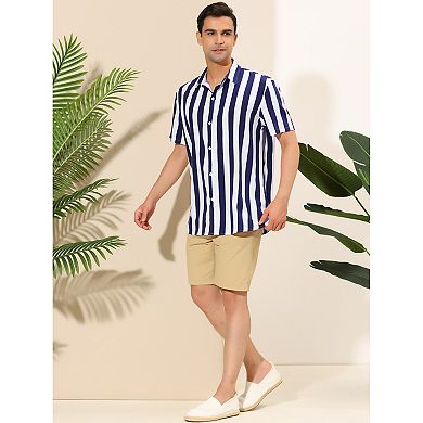 Men's Short Sleeved Color Block Button Down Beach Stripe Shirt