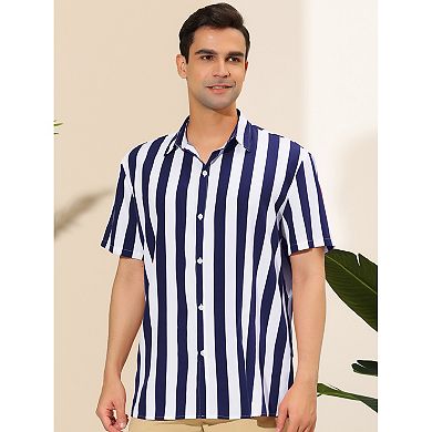 Men's Short Sleeved Color Block Button Down Beach Stripe Shirt