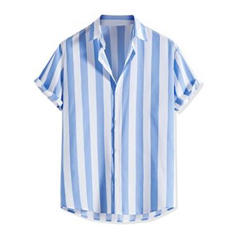Men's Short Sleeved Color Block Button Down Beach Stripe Shirt