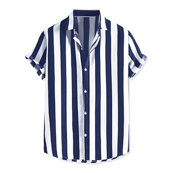 Men's Short Sleeved Color Block Button Down Beach Stripe Shirt